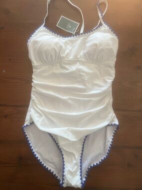 White One-Piece Swimsuit with Blue Scalloped Trim